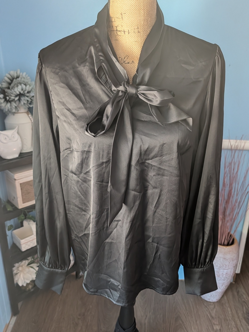 Brand New - BiBi Black Faux Satin Tie-Neck Blouse